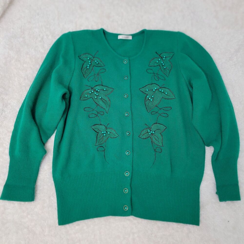 VTG Elmorea Wool Blend Embroidered‎ Beaded Green Balloon Sleeve Cardigan Korea M